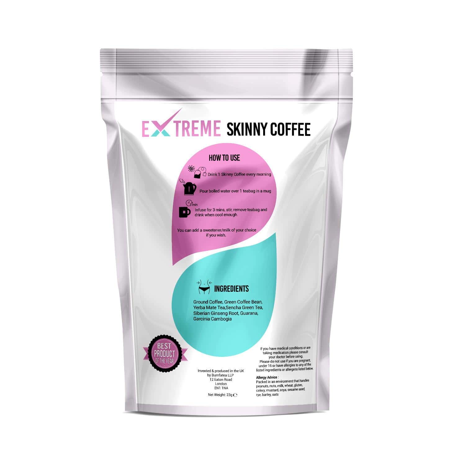 Burnfatea Skinny Coffee package with ingredients and usage instructions.